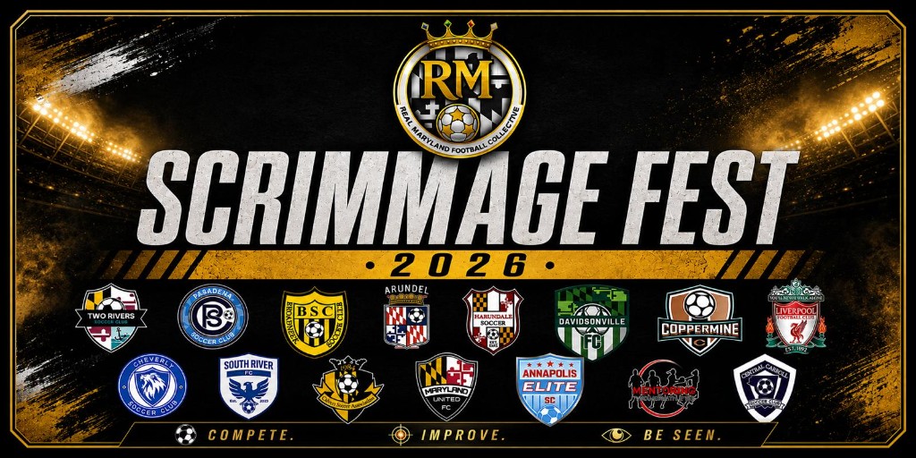 Scrimmage Fest 2026 graphic from Real Maryland Football Collective, featuring participating Maryland clubs